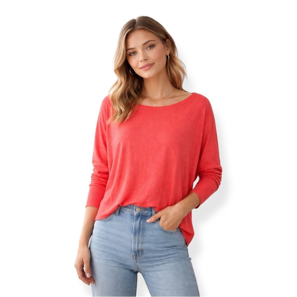 Eileen Fisher Organic Linen Cotton Coral Crew Neck Long Sleeve Sweater Top